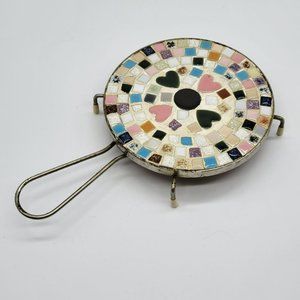 Vintage Trivet Micro Mosaic Tile Hearts Mid-Century Metal Frame Handle Handmade